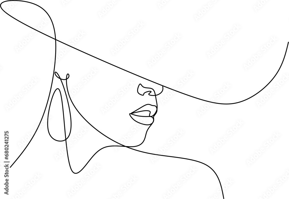 Woman wearing hat continuous one line art drawing Woman wearing hat continuous one line art drawing