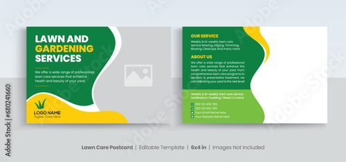 Lawn Mower Garden or Landscaping Service Postcard Template. Eddm Postcard Design, Event Card Design, Direct Mail Template, Invitation Design. leaflet, grass, equipment, gardener