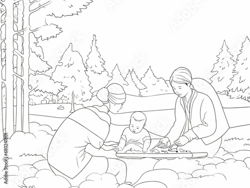 A Coloring Page Of A Woman And A Baby - a drawing of Japanese familly on holiday smilin
