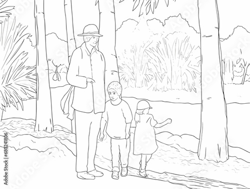A Coloring Page Of A Woman And Two Children - a drawing of Japanese familly on holiday smilin