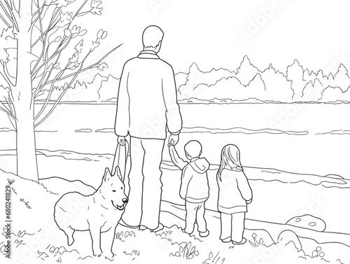 A Man And Two Children Walking By A Lake - a drawing of Japanese familly on holiday smilin