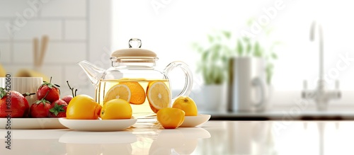 background of the immaculate white kitchen, a glass teapot filled with freshly squeezed fruit juice awaited its turn to be poured into a refreshing drink. photo