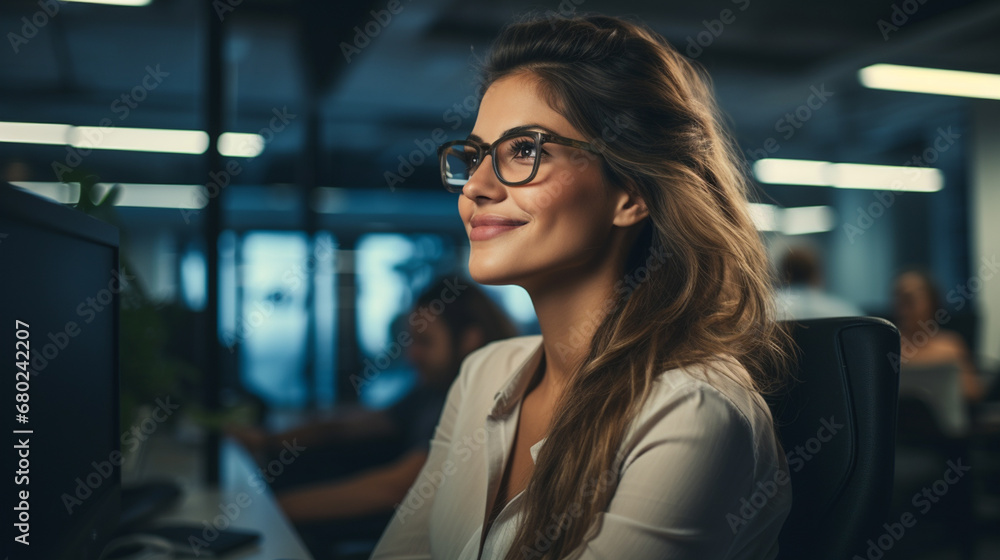 Young woman with glasses works at dimly lit office desk, focused and engaged. Positive expression suggests contentment and motivation