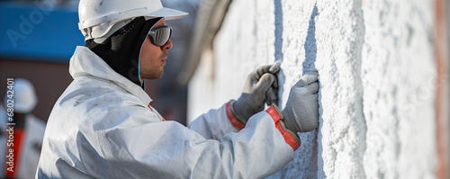 Insulation worker install heat saves energy material on house. banner