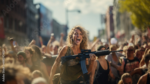 Young women protest with rifles in public. Intense and passionate atmosphere, expressing anger and frustration in an urban setting. fictional riot or protesting