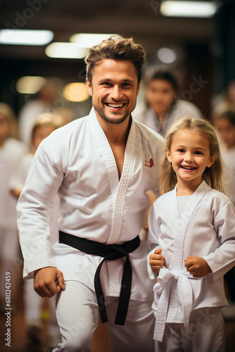 Portrait of male taekwondo coach smiling and hugging children in kimono