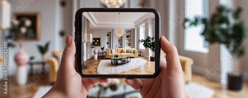hands holding a Smartphone and take a picture of modern livingroom. Interior designer work with mobile. photo