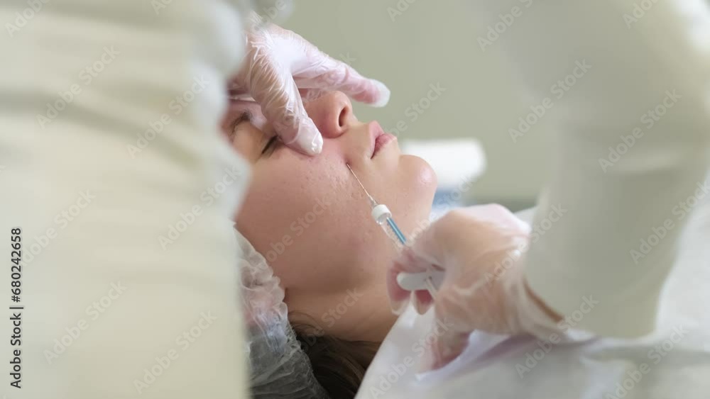 Medical professional administering facial filler, combating signs of aging. Demonstrates the intersection of healthcare and beauty trends. Medical professional administering facial filler, combating signs of aging. Demonstrates the intersection of healthcare and beauty trends.