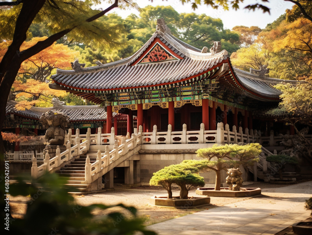 A stunning traditional Asian temple featuring elaborate architecture, captured in a captivating image. A stunning traditional Asian temple featuring elaborate architecture, captured in a captivating image.