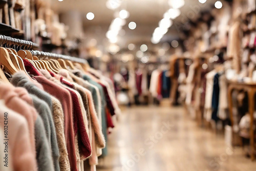 Blurred image of clothes on hangers in a clothing store.