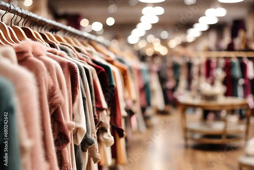 Clothes in a fashion store. Blurred background with bokeh