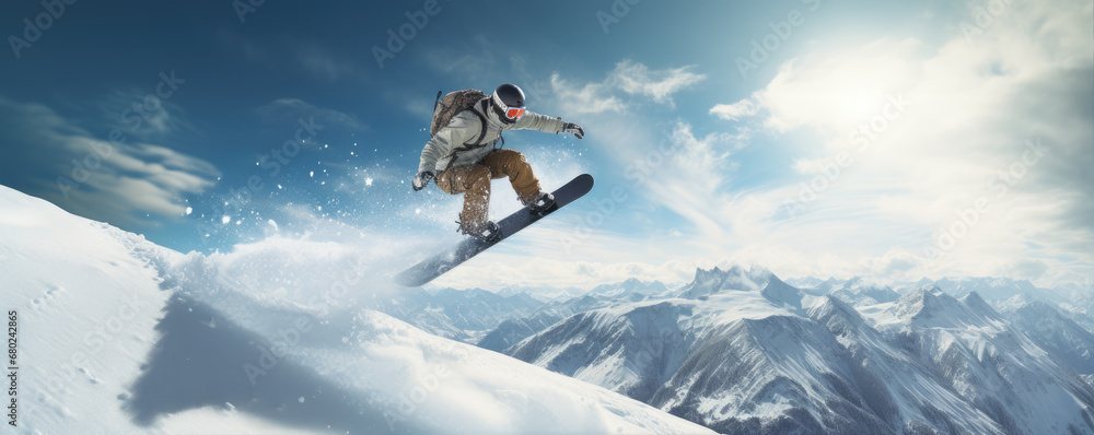 Snowboarder on winter slope in speed. Snowboarder jumping through snowy air. Snowboarder on winter slope in speed. Snowboarder jumping through snowy air.