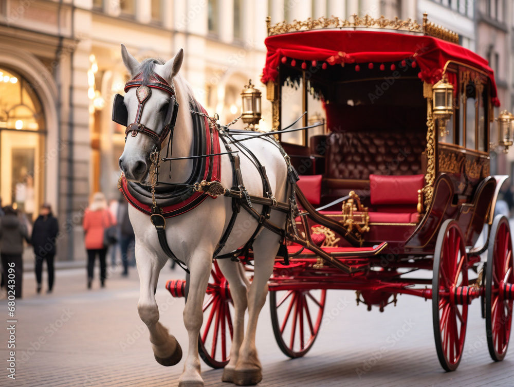 A charming horse-drawn carriage leads the way on a bustling city street. A charming horse-drawn carriage leads the way on a bustling city street.