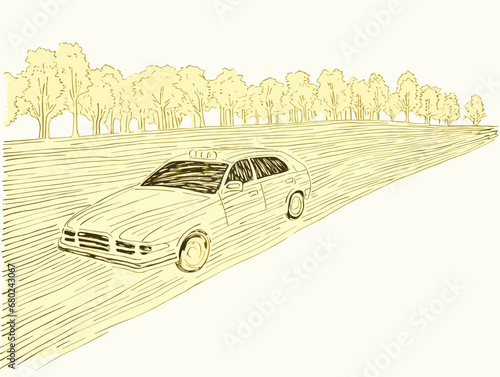 A Car Driving On A Road With Trees In The Background - A yellow taxicab speeding along on a New York city