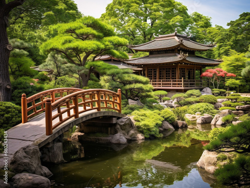 A serene Japanese garden featuring a tranquil koi pond, surrounded by natural beauty.