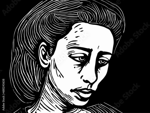 A Black And White Drawing Of A Woman - bust of 25 year old woman lino cut.