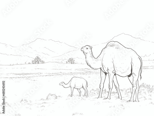 A Drawing Of A Camel And A Baby Camel - Camels on the steppes Mongolia
