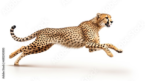 Running cheetah preparing to jump, full body length on isolated white background photo
