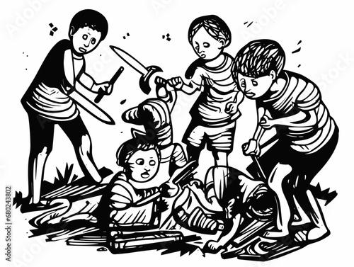 A Group Of Children Playing With Swords - Children playing with knifes.