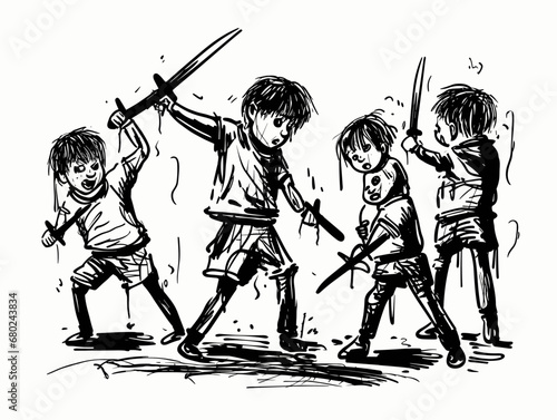 A Group Of Children Holding Swords - Children playing with knifes.