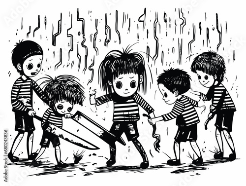 A Group Of Children Holding Swords And A Sword - Children playing with knifes.