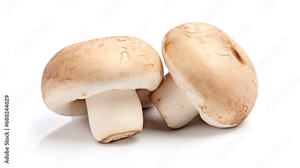 Close up two champignon mushrooms isolated on a white background Close up two champignon mushrooms isolated on a white background