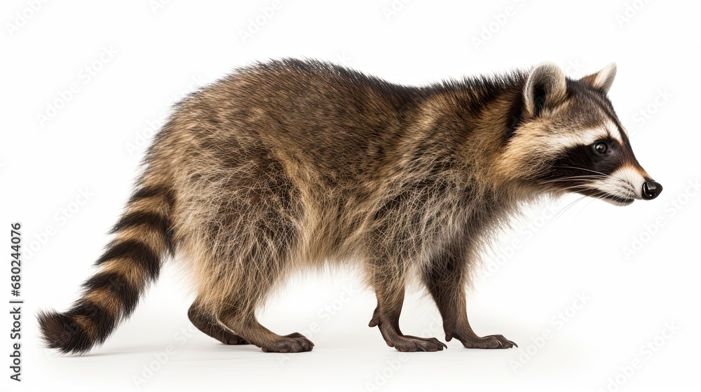 Fototapeta premium Close up of a raccoon walking on isolated white background, side view