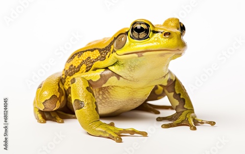 Green frog with patterns, side view on white background