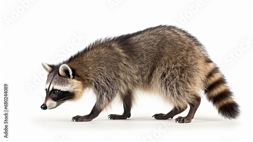 Close up of a raccoon walking on isolated white background, side view