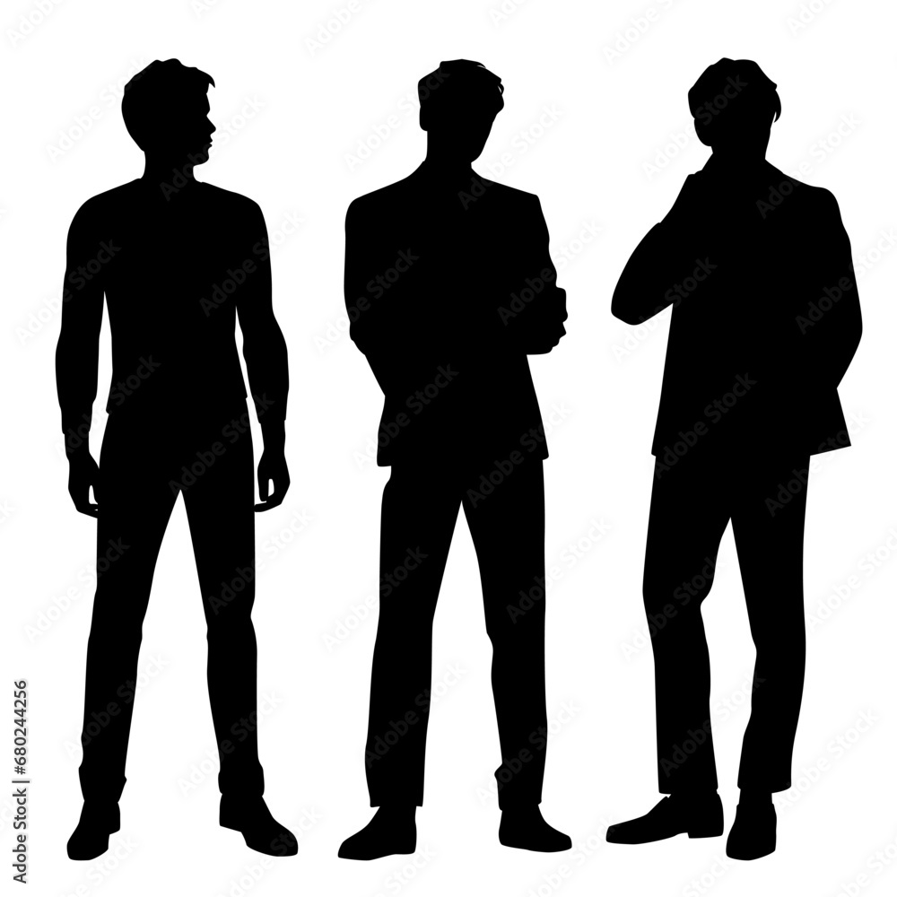 Vector silhouettes of three men  standing, profile, business people, black color,  isolated on white background