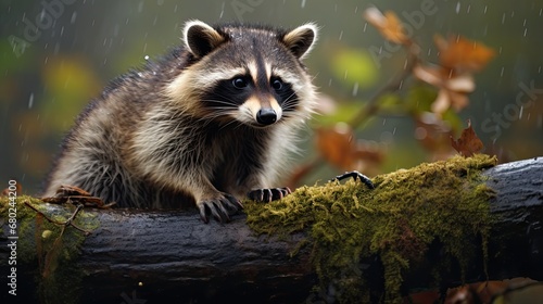 Close up of a raccoon sitting on a tree branch in the forest