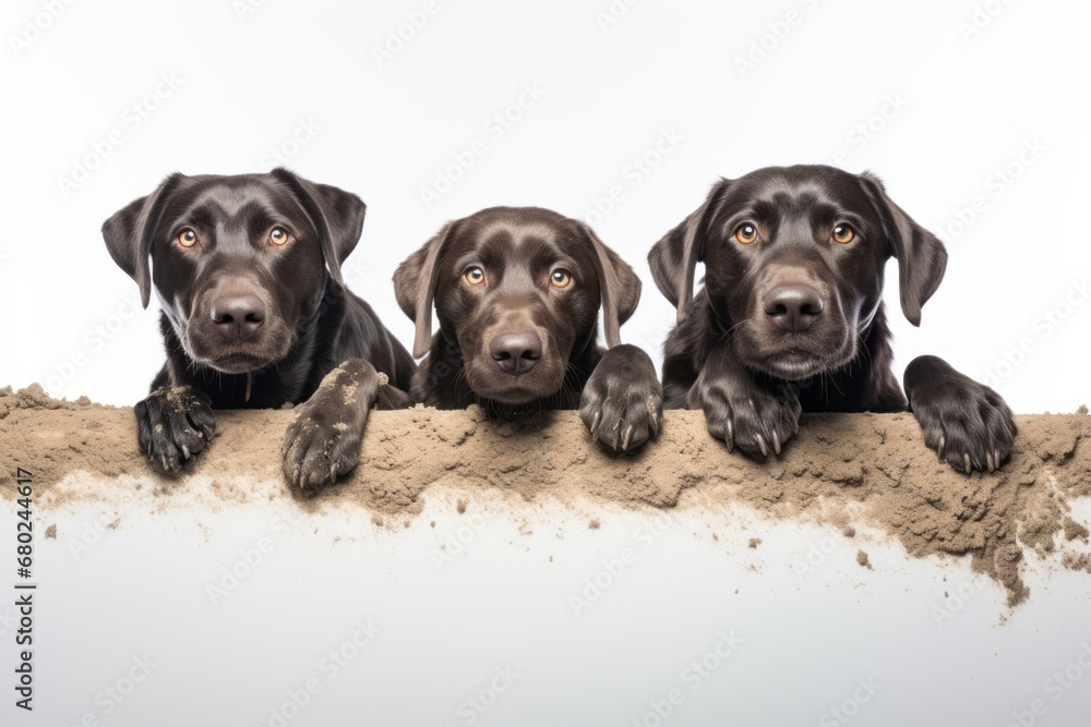 Group portrait photography of a funny labrador retriever digging against a white background. With generative AI technology