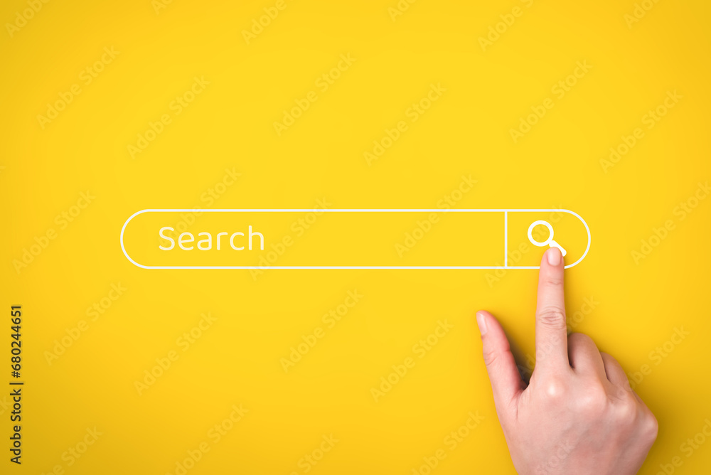 SEO, Search Engine Optimization on business web bar banner, Hand touching button of magnifying glass for searching and browsing on internet, Online data information with technology - obrazy, fototapety, plakaty 