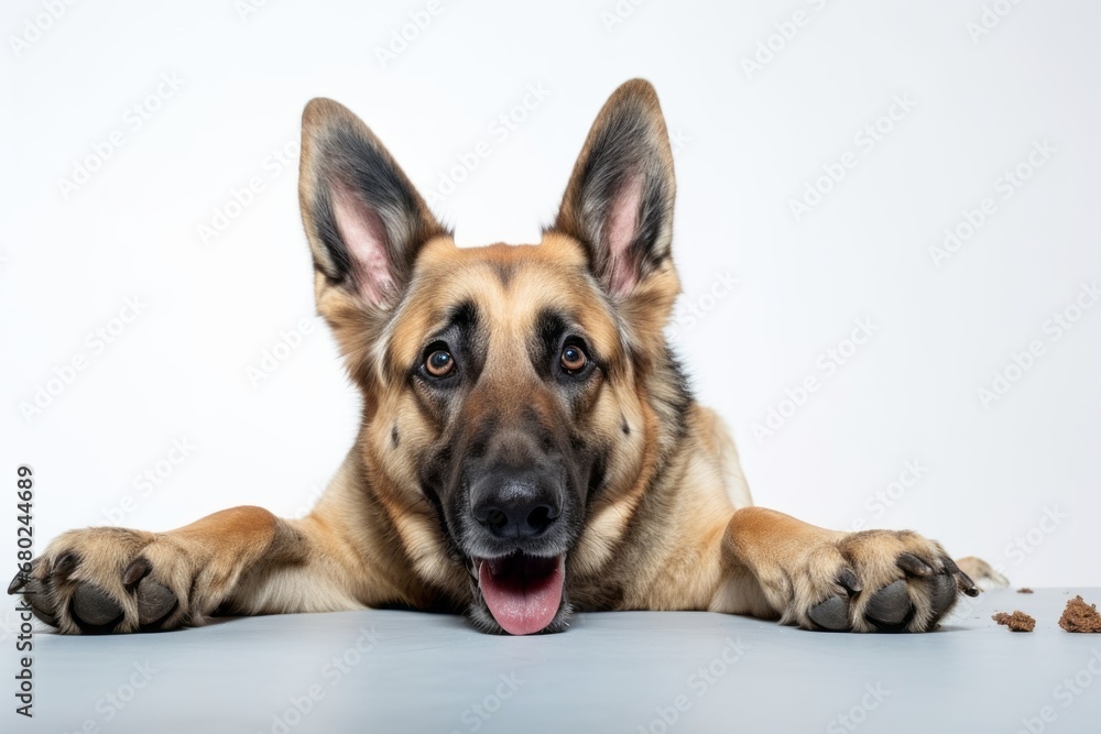 Full-length portrait photography of a cute german shepherd scratching himself against a white background. With generative AI technology