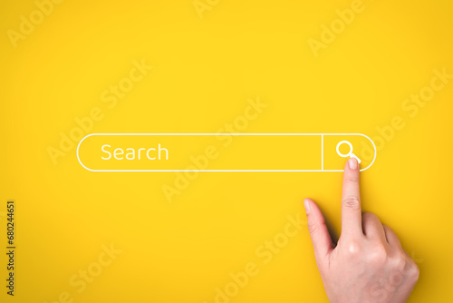 SEO, Search Engine Optimization on business web bar banner, Hand touching button of magnifying glass for searching and browsing on internet, Online data information with technology