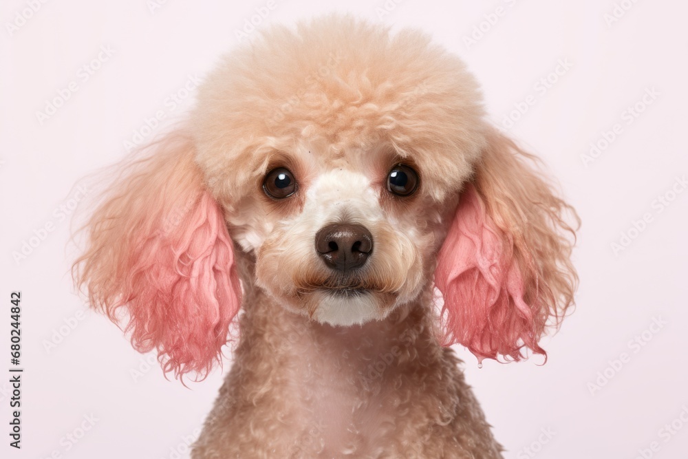 Medium shot portrait photography of a curious poodle being at a spa against a white background. With generative AI technology Medium shot portrait photography of a curious poodle being at a spa against a white background. With generative AI technology