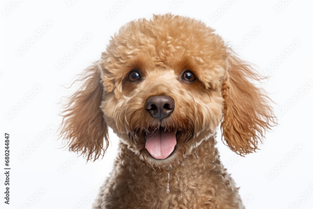 Medium shot portrait photography of a curious poodle being at a spa against a white background. With generative AI technology Medium shot portrait photography of a curious poodle being at a spa against a white background. With generative AI technology