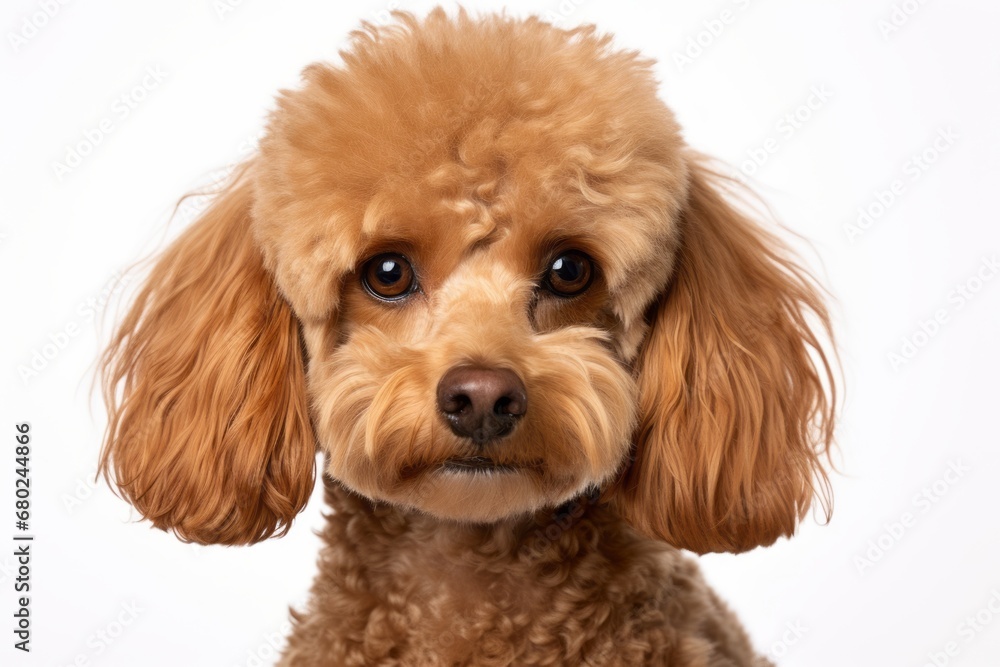 Headshot portrait photography of a cute poodle being at a spa against a white background. With generative AI technology Headshot portrait photography of a cute poodle being at a spa against a white background. With generative AI technology