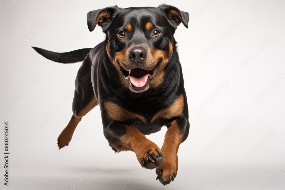 Medium shot portrait photography of a curious rottweiler running against a white background. With generative AI technology