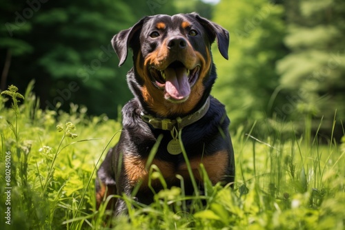 Close-up portrait photography of a funny rottweiler being at a dog park against a white background. With generative AI technology © Markus Schröder