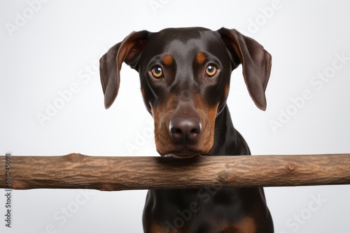 Lifestyle portrait photography of a cute doberman pinscher playing with a stick against a white background. With generative AI technology