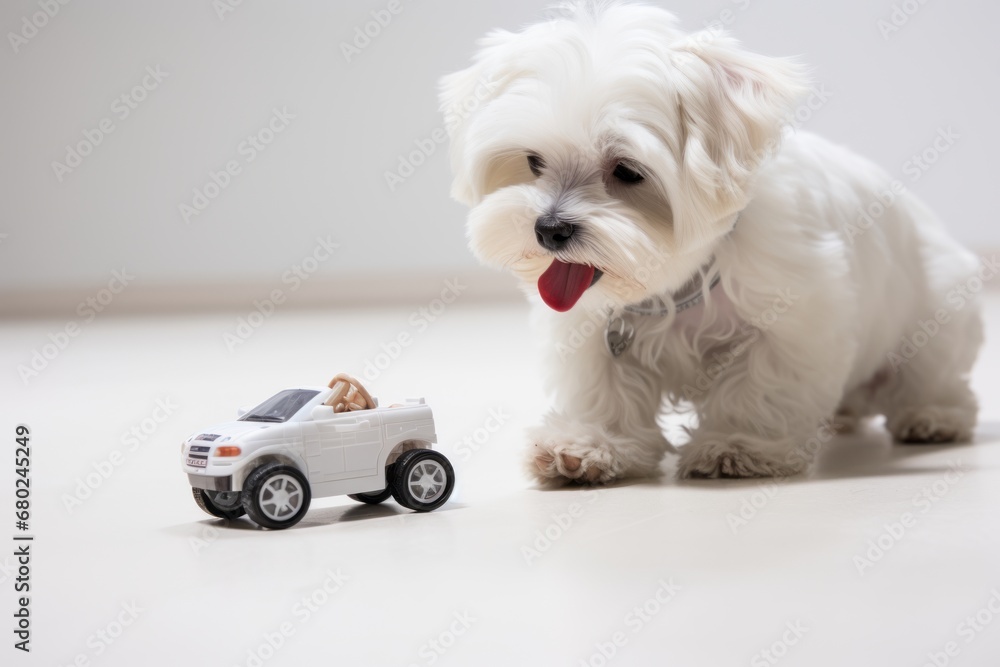 Lifestyle portrait photography of a cute maltese playing with a remote control car against a white background. With generative AI technology Lifestyle portrait photography of a cute maltese playing with a remote control car against a white background. With generative AI technology