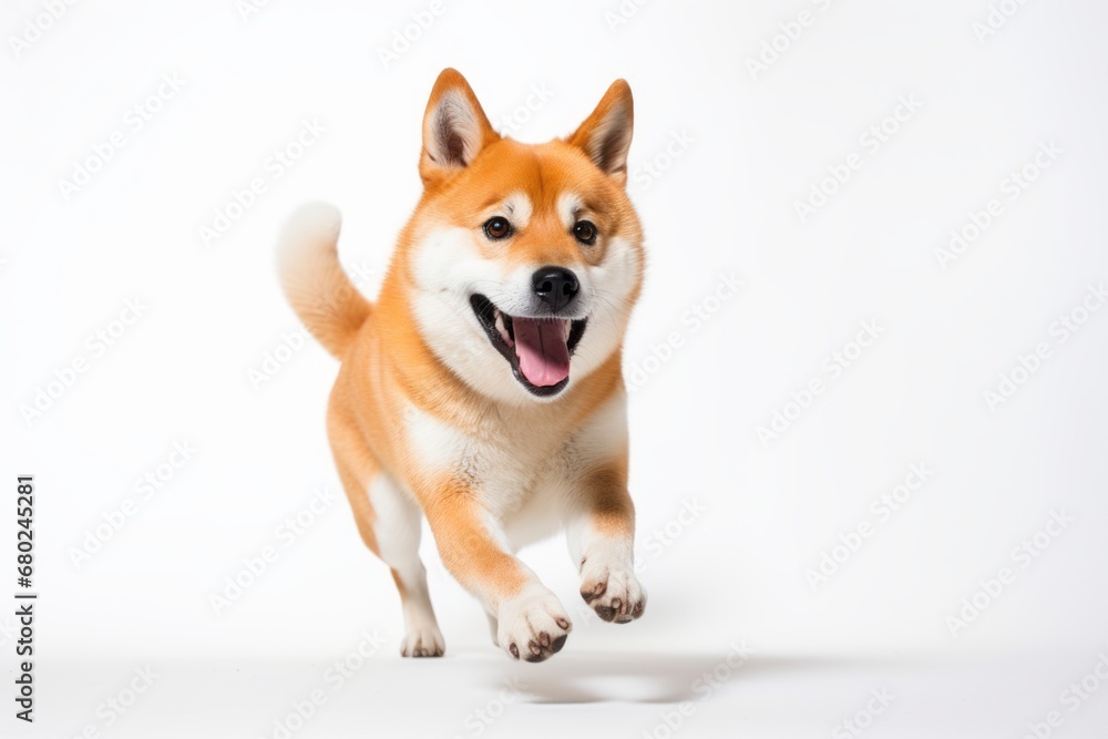 Lifestyle portrait photography of a cute akita inu playing fetch against a white background. With generative AI technology