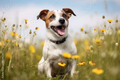 Medium shot portrait photography of a happy jack russell terrier being in a field of flowers against a white background. With generative AI technology