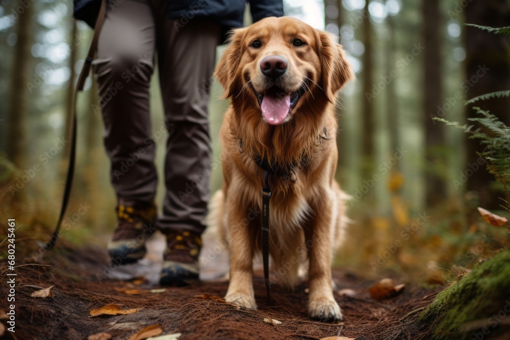 Lifestyle portrait photography of a funny golden retriever hiking with the owner against a forest background. With generative AI technology