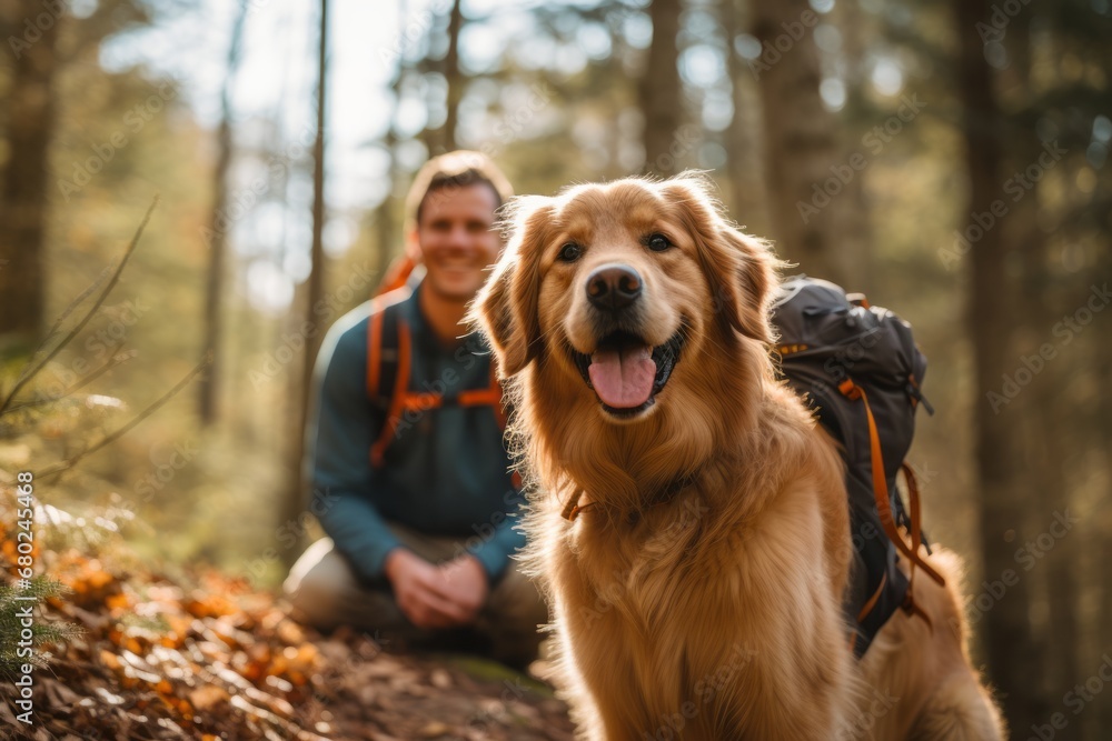 Lifestyle portrait photography of a funny golden retriever hiking with the owner against a forest background. With generative AI technology