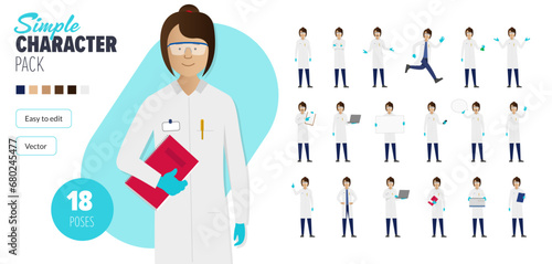 Simple flat female scientist woman vector character in a set of multiple poses. Easy to edit and isolated on a white background. Modern trendy style character mega pack with lots of poses.