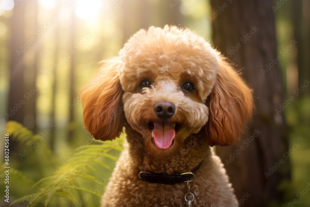 Headshot portrait photography of a happy poodle sitting against a forest background. With generative AI technology Headshot portrait photography of a happy poodle sitting against a forest background. With generative AI technology