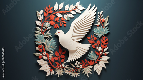 dove of peace cut paper illustration with space for copy, holiday card design