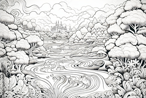 A black and white drawing of a river surrounded by trees